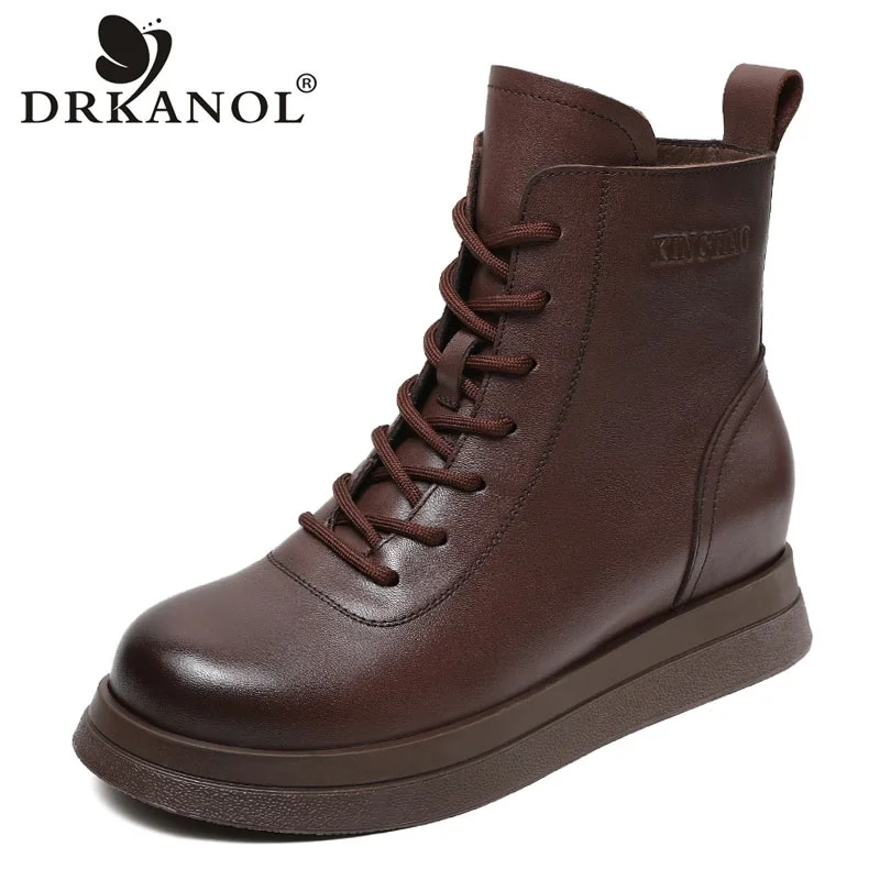 DRKANOL Fashion Women Height Increasing Boots Autumn Winter Warm Shoes New Design Zipper Wedges Heel Genuine Leather Ankle Boots