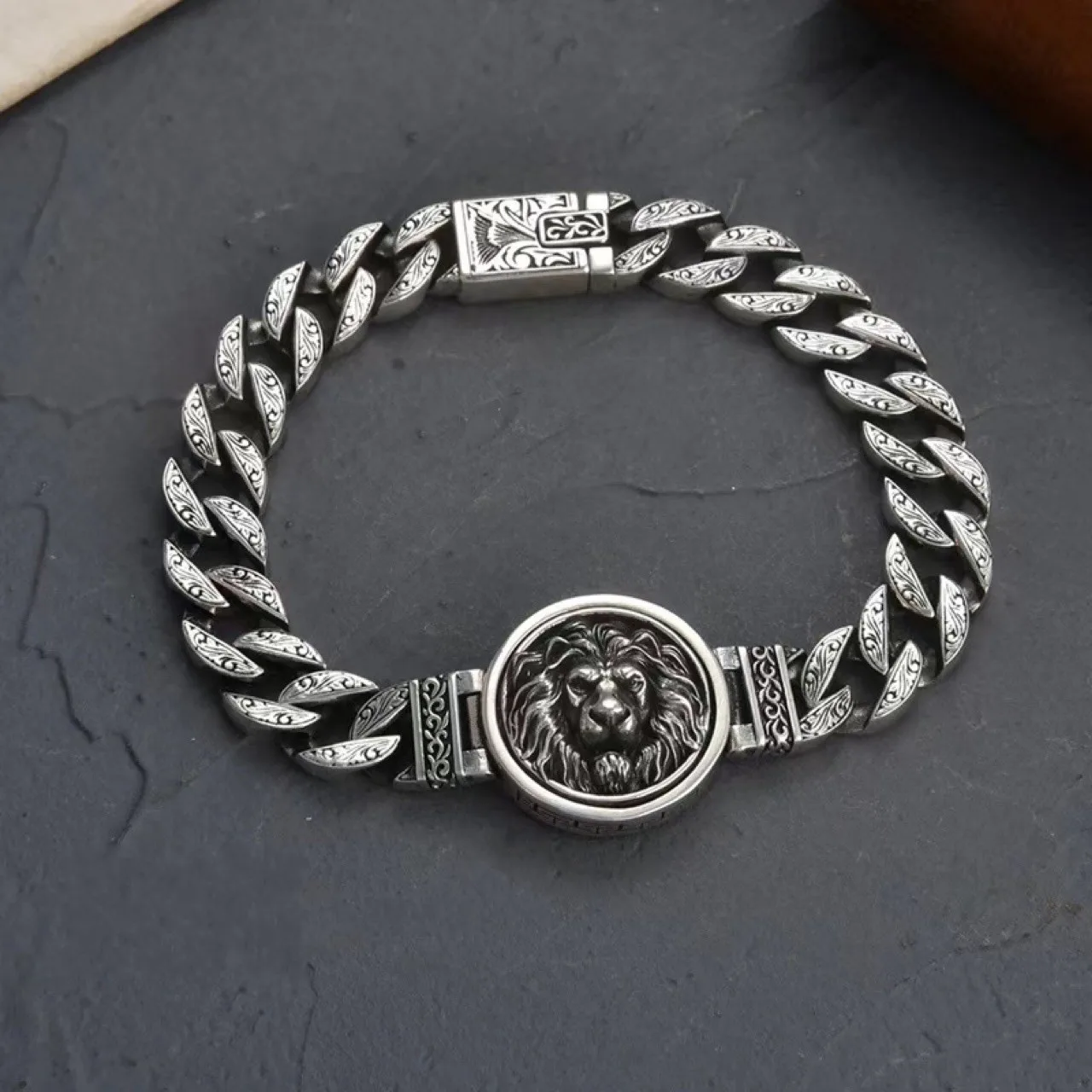 BOCAI New Original S925 Silver Rotatable Domineering Lion Bracelet for Men Personalized Rattan Grass Pattern Tank Chain 10MM