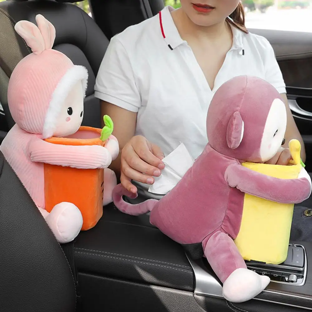 

2 In1 Cute Cartoon Car Tissue Box Creative Rabbit Short Plush Tissue Box Holder For Car Armrest Box Car Garbage Can Car Acc A4G6