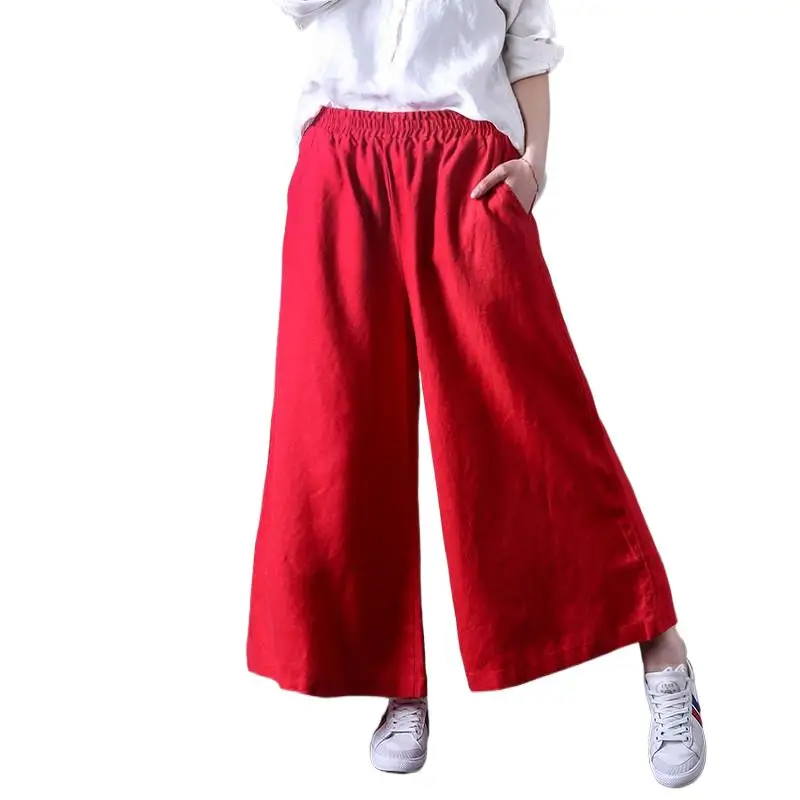 

Summer cotton linen trousers 2024 fashion woman ankle-length pants casual loose wide leg pants large size bottoms red black