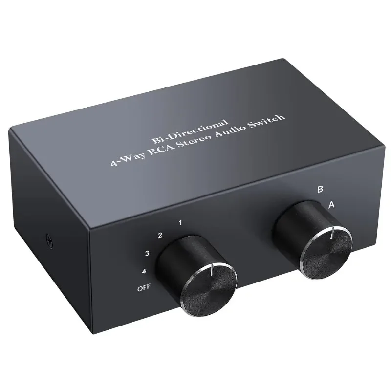 4 Way Bi-Directional RCA Stereo Audio Switch Selector 4X2/2X4 L/R Sound Channel Audio Switcher Splitter with OFF Button