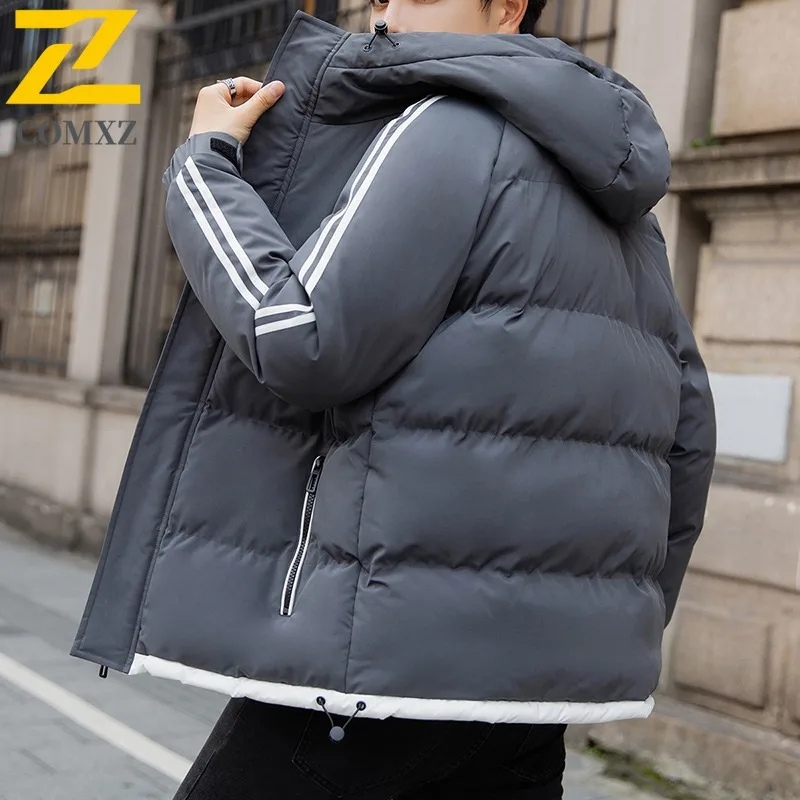 COMXZ 2025 Winter Fashion Stand Collar Cotton Jacket Hooded Winter Waterproof Windproof Outdoor Casual Warm Coat Men Streetwear