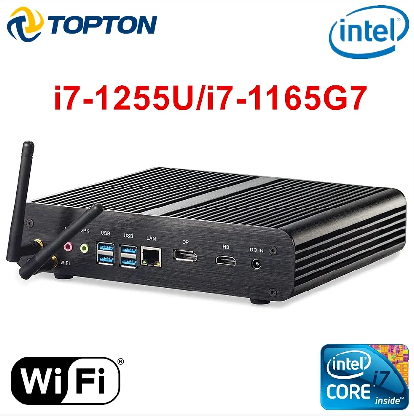 

2023 Fanless Mini Computer 12th Gen Intel i7 1255U 1165G7 10710U Desktop Gaming Barebone PC HTPC Aluminum Efficient Cooling WiFi