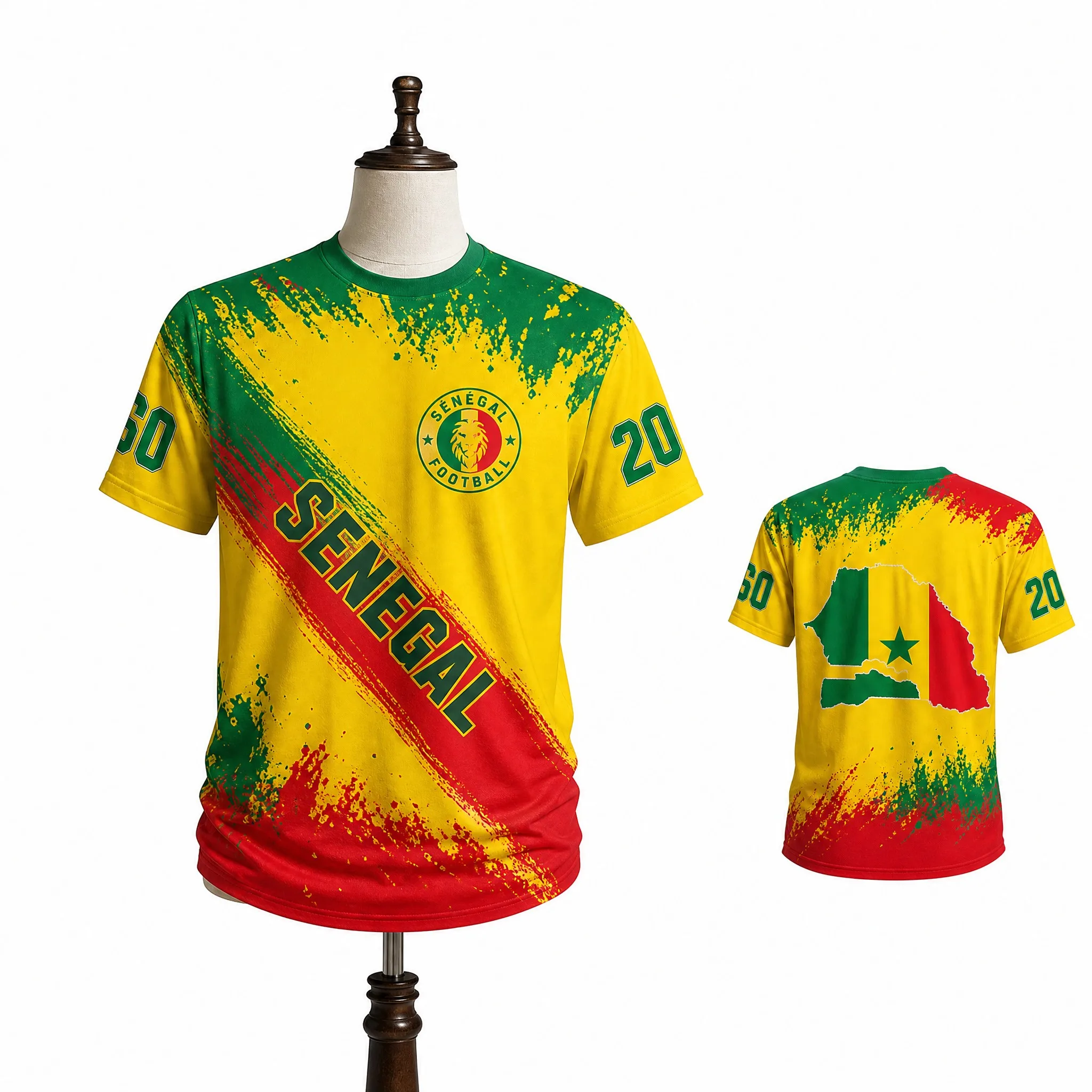 Senegal Mens Brush Flag Map Graphic Tee Yellow Short Sleeve Fan Shirt Street Stadium Casual Heritage Pride Top Street Travel Fit