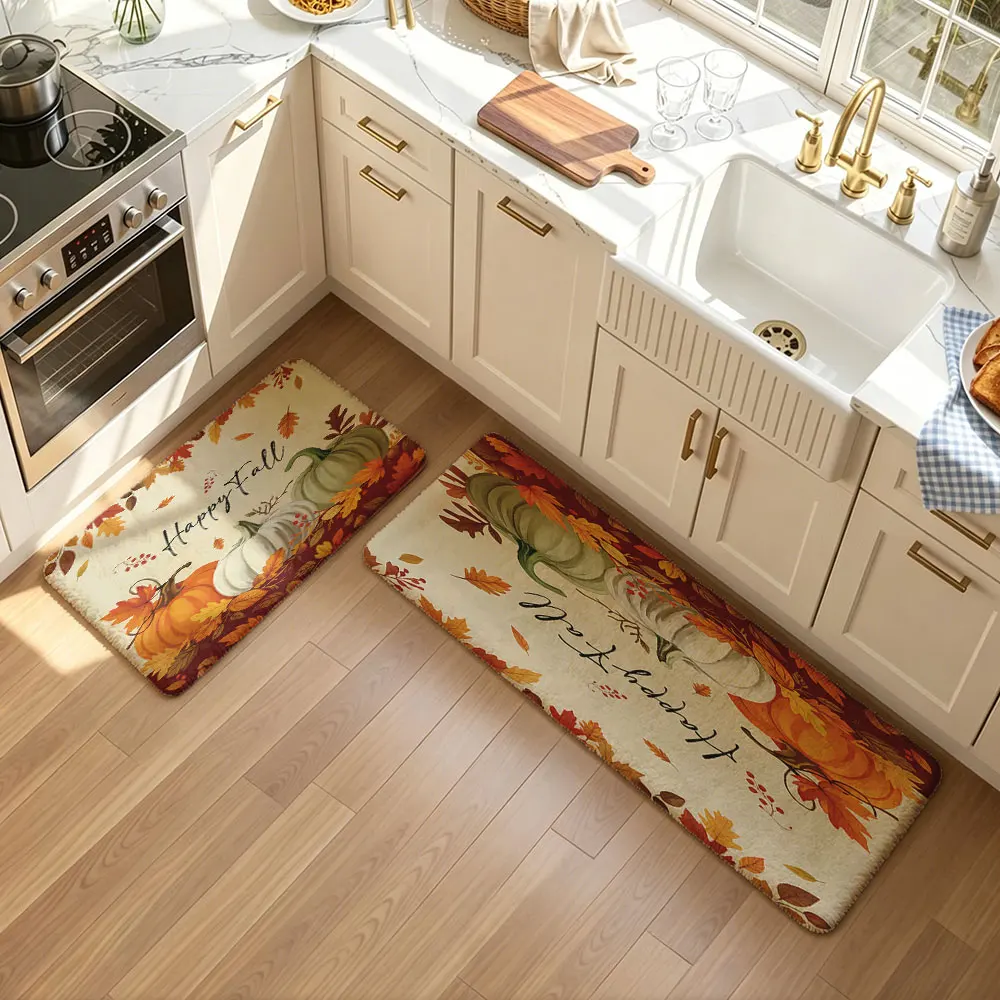 2pcs Autumn Harvest Festival Pumpkin Leaf Print Anti Slip Kitchen Floor Mat Leaf Dot Plastic Foot Mat Kitchen Decoration Carpet