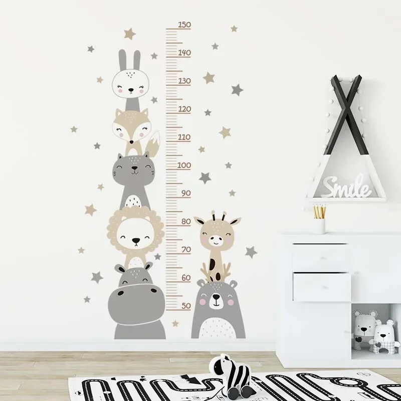 Cartoon Smile Animals Bear Lion Deer Hippo Stars Height Ruller Wall Stickers for Kids Room Boy Girl Room Nursery Wall Decals pvc