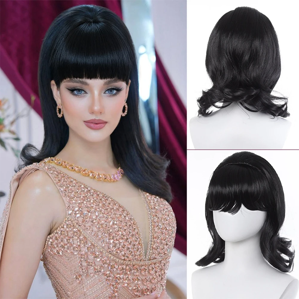 Peluca Marrón Retro Años 50, 60 y 70 para Mujer con Flequillo, Peluca para Disfraz de Halloween, Cabello Sintético
