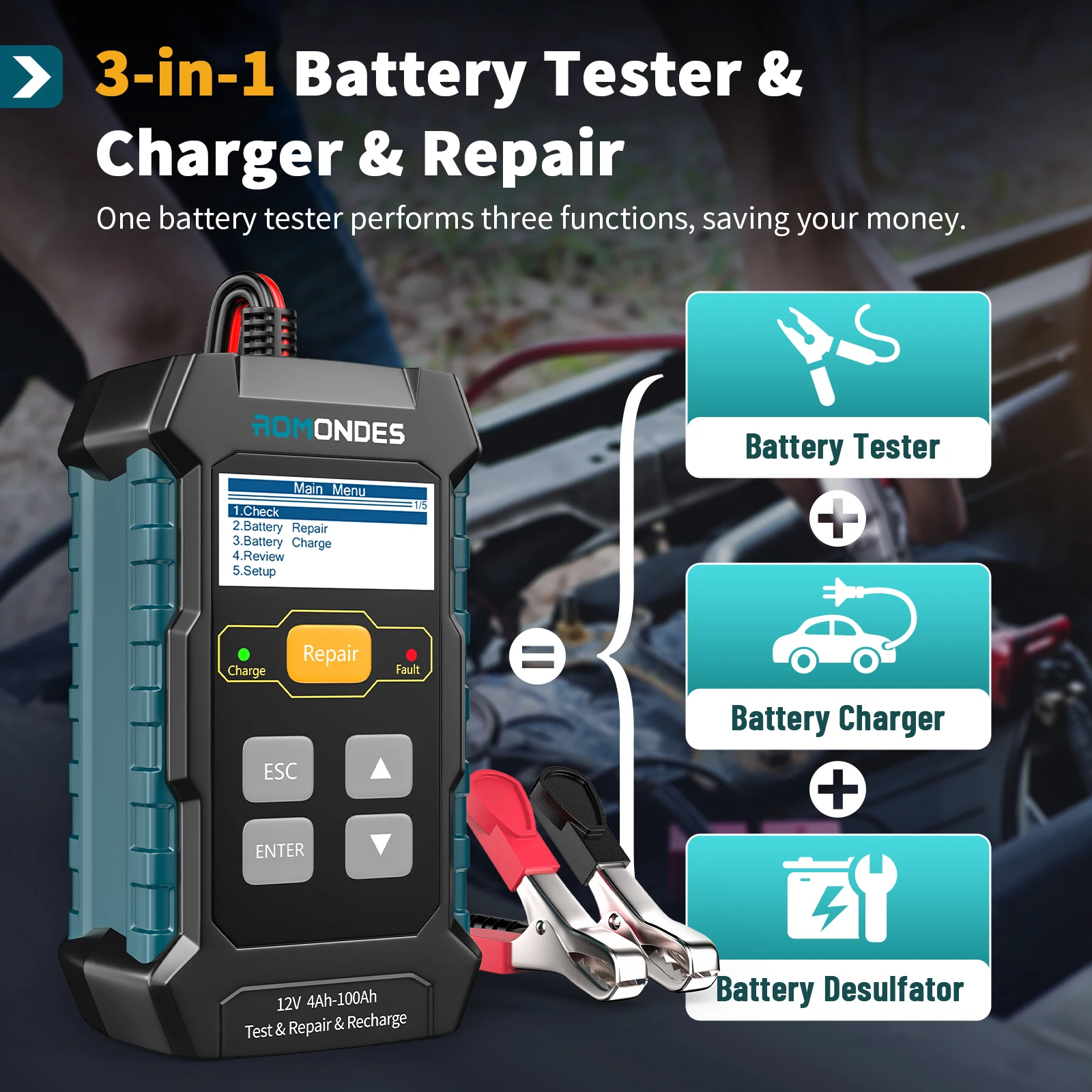 Romondes RD510 12V Car 3 in 1 Car Battery Tester Pulse Repair Trickle Charger Diagnistic Tool Analyzer Tool 100-2000 CCA