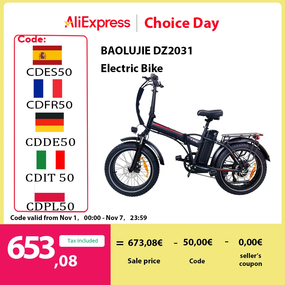 BAOLUJIE DZ2031 Electric Bike, 500W Motor 48V 13Ah Battery 20*4.0inch Fat Tire Ebike 35-45km Range 40km/h Max Speed