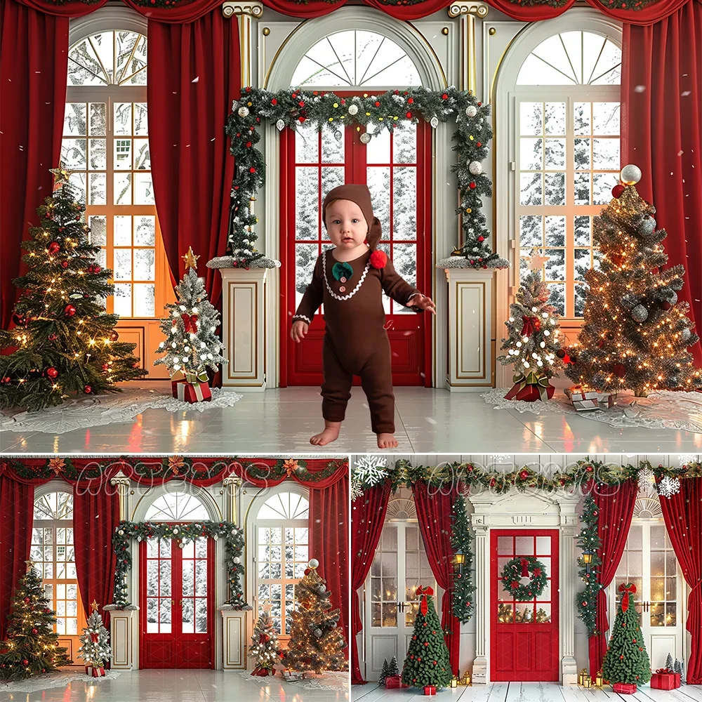 Christmas Photography Backdrop Door Decorations Red Curtains  White Panes Garlands Ribbons Background Photo Studio Photo-call