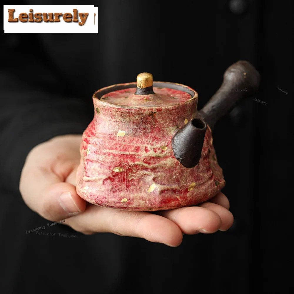 HOYIHM 140ml Rock Mine Red Coarse Pottery Side Handle Teapot Retro Tea Infuser Pot Tea Maker Kettle With Ball Hole Tea Set Gift
