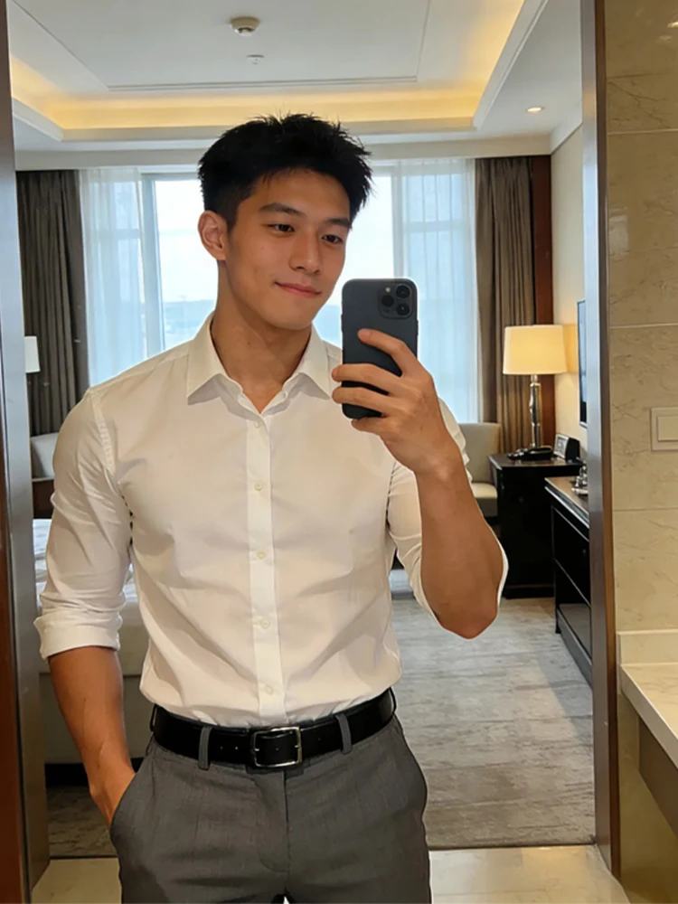 

Briti Sle Men's White irt Long Sve Suit Inner Wear Breathable Thin Outerwear Spring Autumn Neapolitan Faion