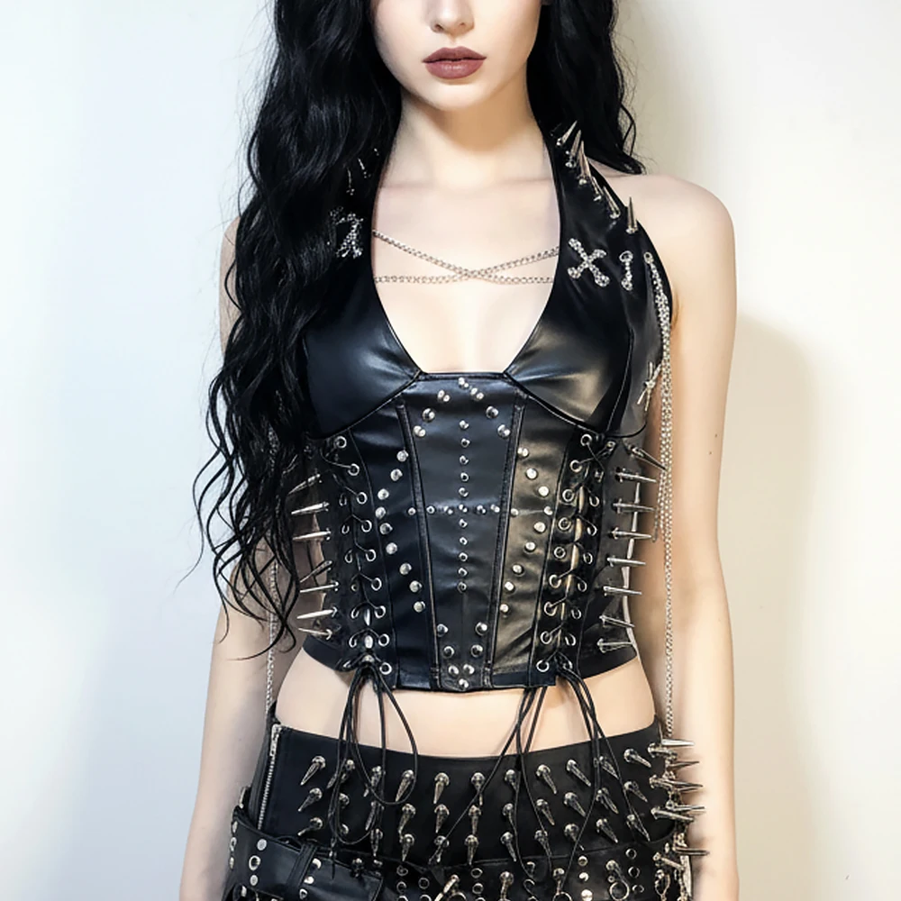 Goth Tops Festival Grunge 90s Emo Clothing PU leather Black Rave Y2K T-shirt Gothic Tank 2026 Punk Rock Clothes Spike Studded