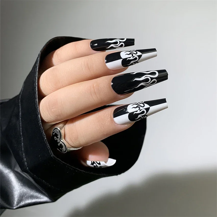 

24pcs/set Sweet Cool Acrylic Wearing False Nails Art Long Ballet Fake Nails Black White Blocking Flame Press on Nail Artificial