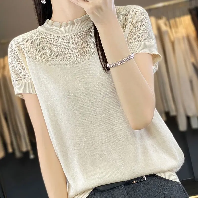 Korean Summer New Women\'s O-Neck Solid Lace Jacquard Weave Hollow Out Fashion Versatile Loose Short Sleeve T-Shirts Knit Tops