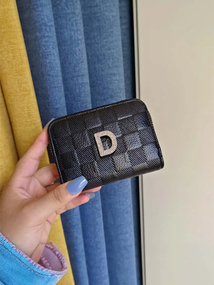 Women's Essential Card & ID Holders: PU Craftsmanship with Zipper Detail Customized Personalized Customer Name Metal Letter Deco