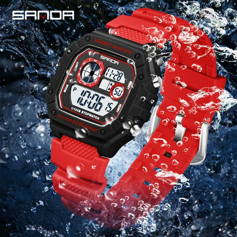 SANDA Fashionable Men's Electronic Watch Sports Multifunctional Waterproof LED Single Display Classic Square Electronic Watch