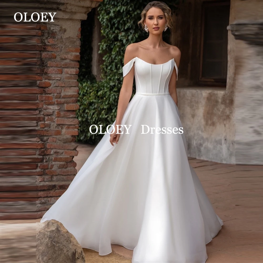 

OLOEY Elegant Scoop Neck A Line Wedding Dresses Floor Length Pleats Bride Gowns Scoop Neck Customized Button Vestidos De Novia