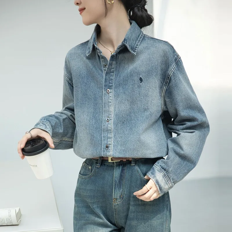 High Quality Denim Shirt Women New 2024 Autumn Vintage Style Turn-down Collar Basics Female Long Sleeve Casual Tops Shirts W1928