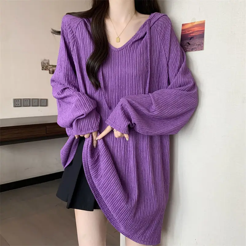 Street Casual Hooded Long Sleeve T-shirts Spring Autumn New Solid Loose All-match Korean Tops Fashion Harajuku Women Clothing