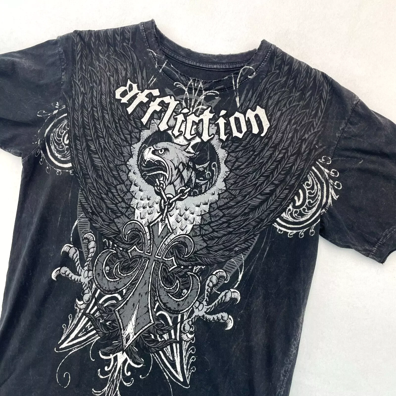

Affliction Mens Distressed T-Shirt Small Black Eagle Print Grunge Y2K Vintage 2-Sided Graphic USA Made Cotton Streetwear Tee