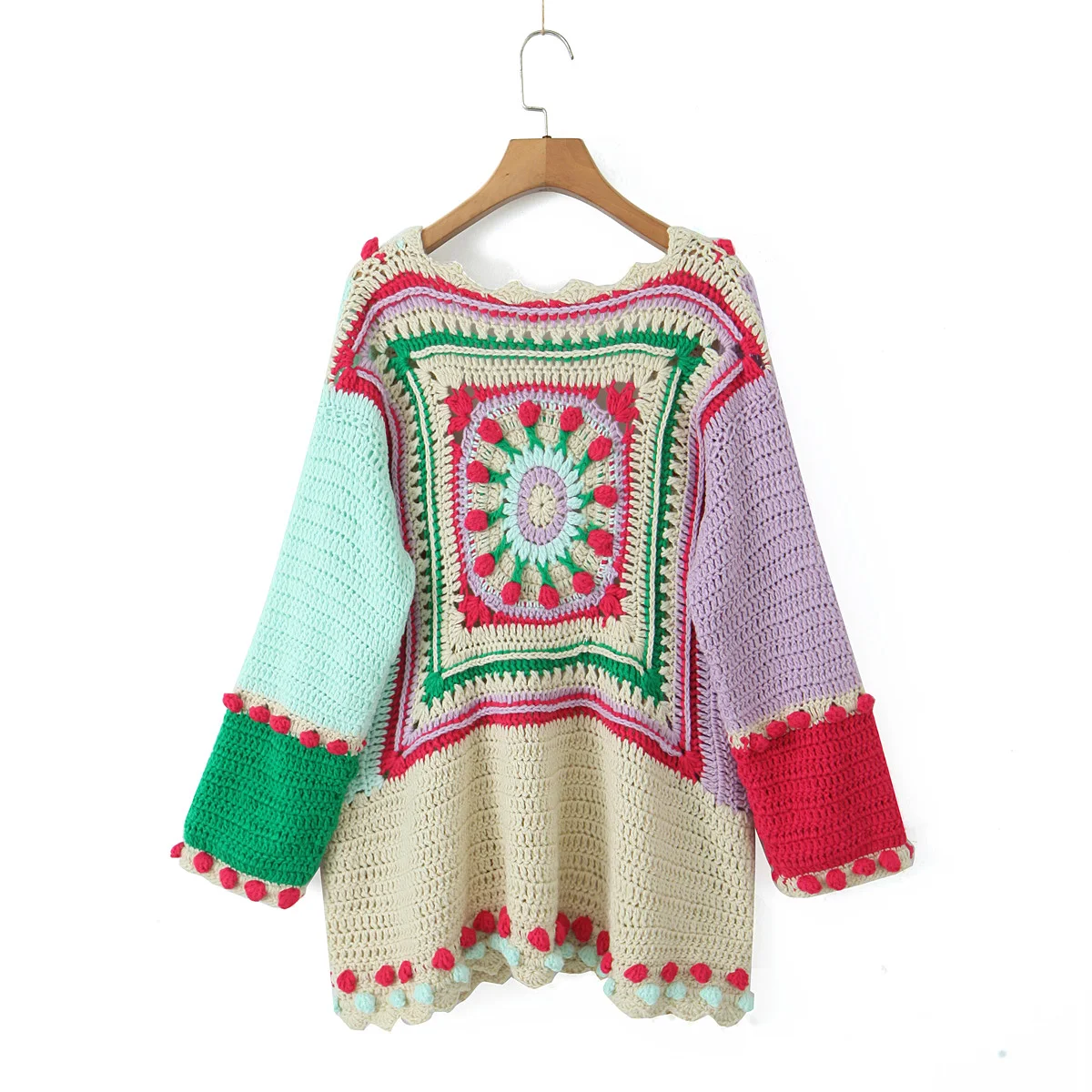 2024 BOHO Contrast Color Hand Crochet Cardigan Ethnic Woman No Button Open Stitching Full Sleeve Sweater Beach Knitwear Jumper