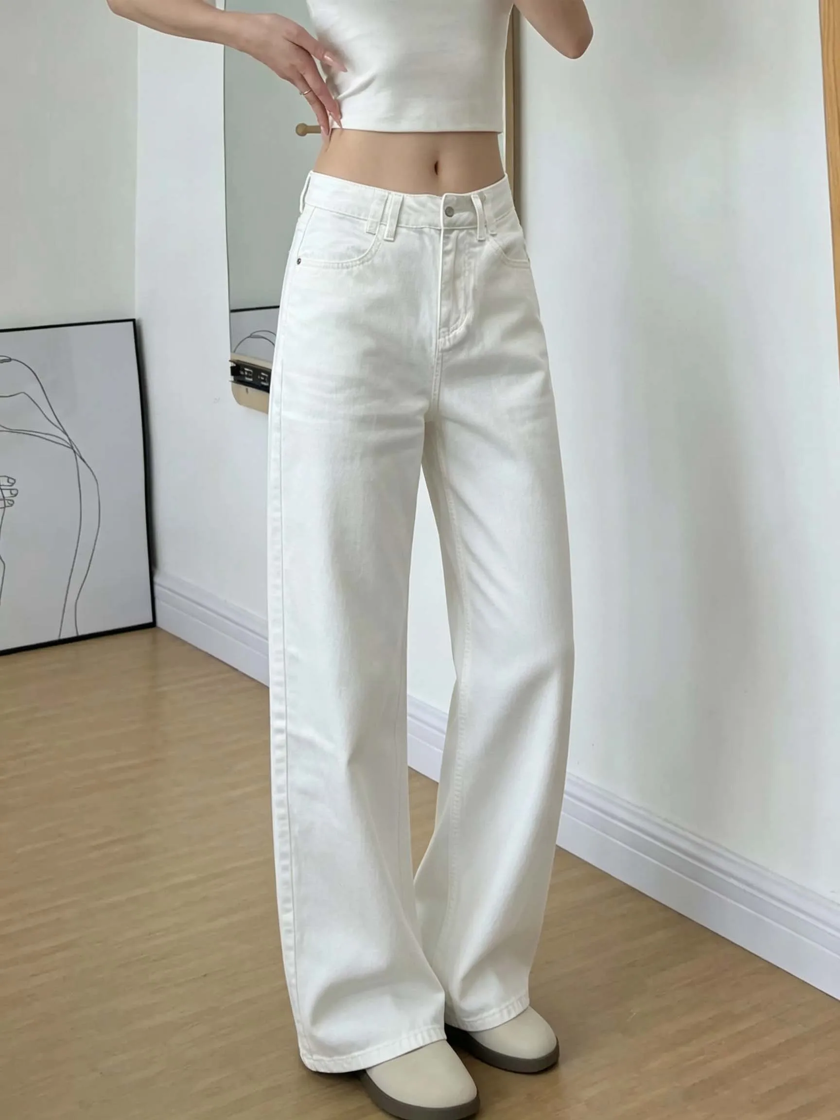  White Straight Leg Jeans Women's Summer New Thin Small Size High Waist Loose Slimming Drapey Wide Leg Pants Casual