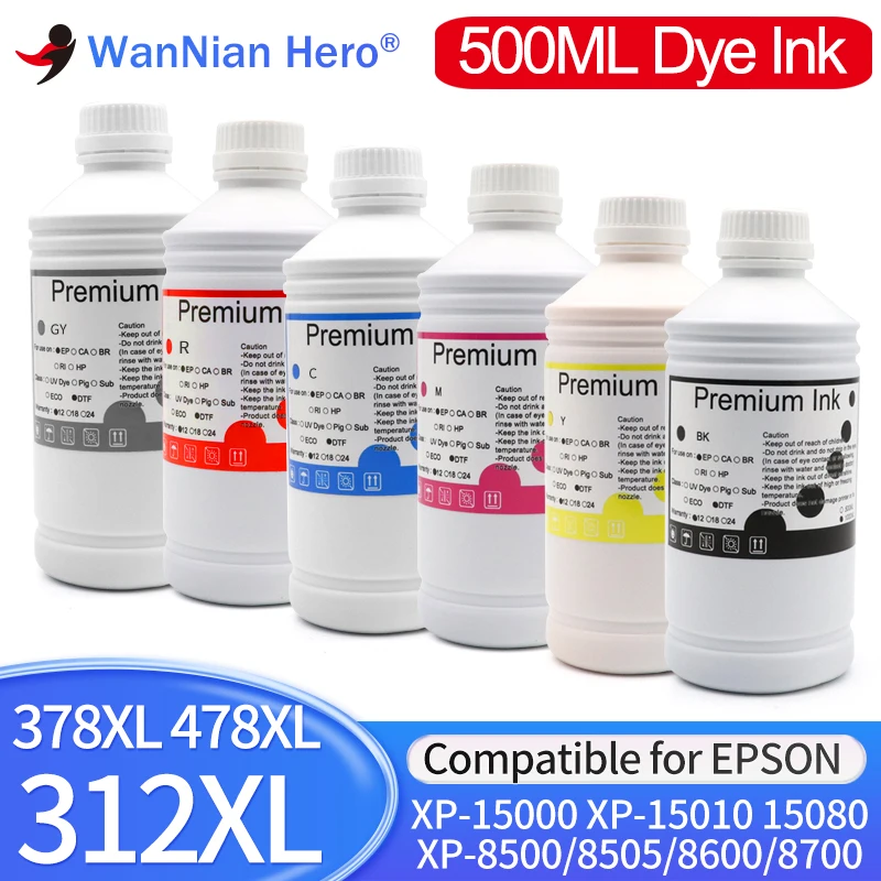 500ML 312XL 314XL 378XL 478XL 01U Refill Dye Ink for Epson Expression Photo XP-15000 XP-15010 XP-15080 XP-8500/8505/8600/8700