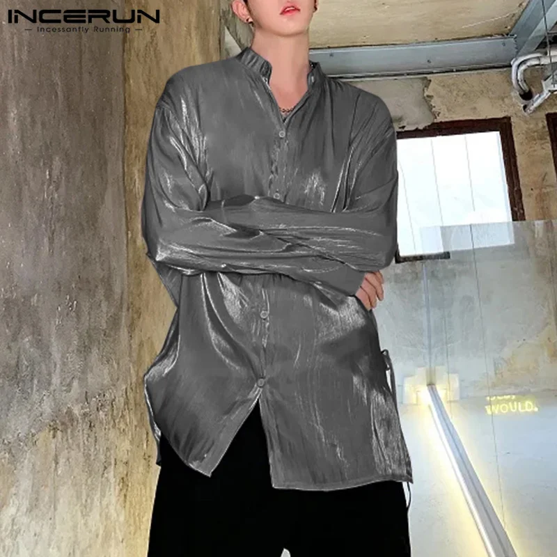 INCERUN Men Causal Long Sleeve Shirts Stand Collar Flash Of Light Solid Color Tops Backless Design Elegant Fashion Loose Blouses