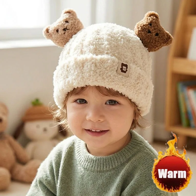 1-5PCS Bear Ear Fleece Lined Winter Hat with Earflap Warm Knit Beanie for 1-5 Y Toddler Boys Girls Cold Weather
