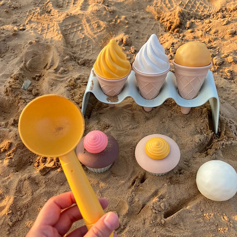 Children Beach Toys Ice Cream Model Bulldozer Sandbox Set For Kids Safe Plastic Wheat Straw Summer Outdoor Sand Water Game Gifts