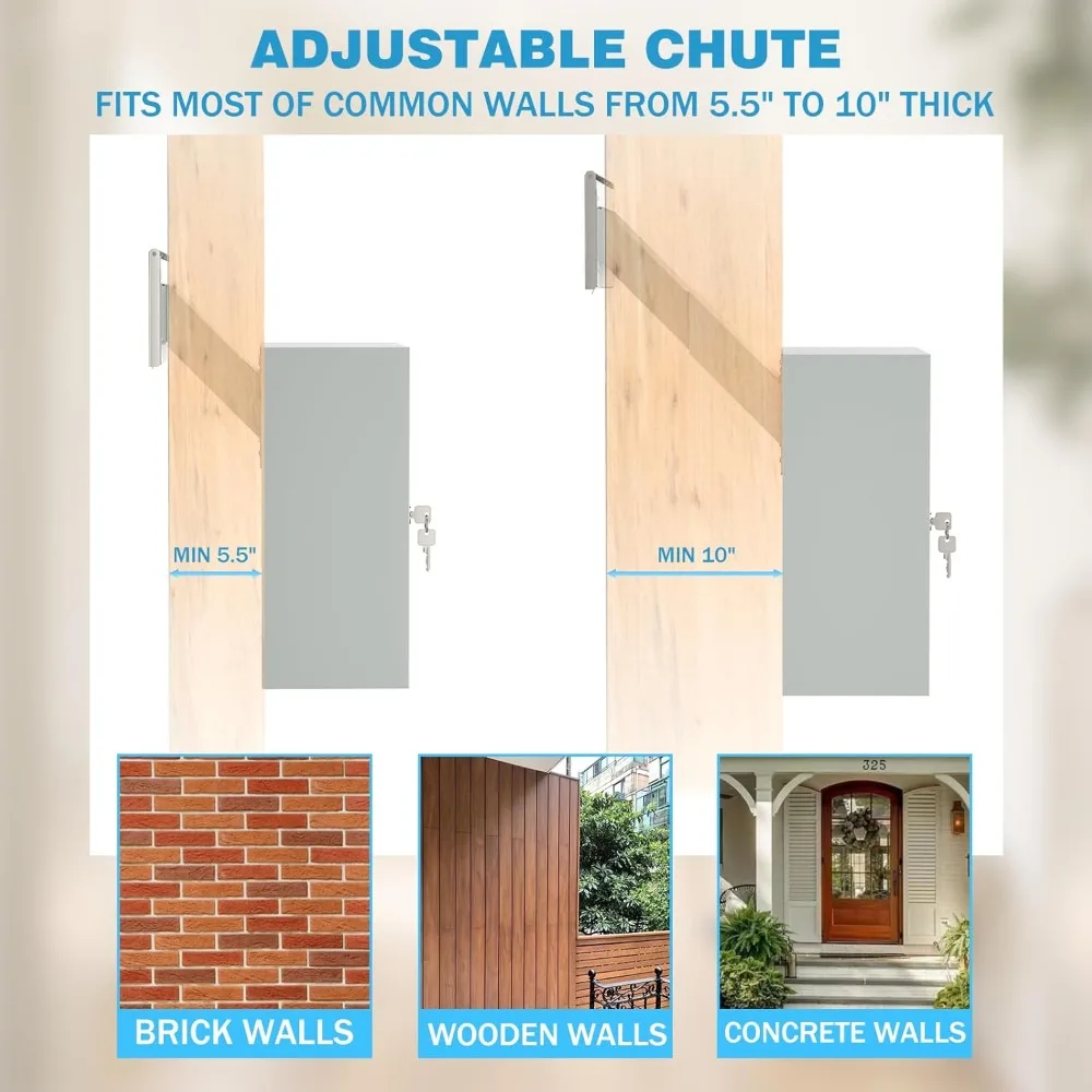 Pochar Through The Wall Drop Box مع قفل - صندوق بريد حائطي مع غطاء مقاوم للمطر ومزلق قابل للتعديل 10 بوصة - قفل عالي التحمل