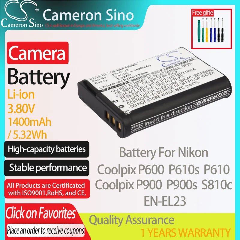 

CameronSino Battery for Nikon Coolpix P600 P610 P900 P610s P900s S810c fits Nikon EN-EL23 Digital camera Batteries 1700mAh 3.80V