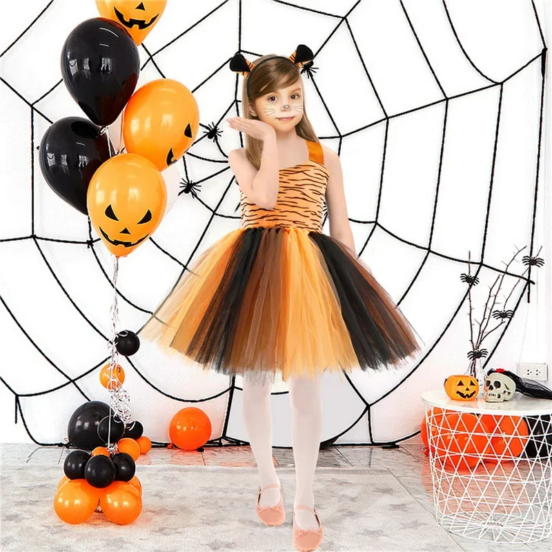 Halloween dziecko zwierzę kot Cosplay kostium dziewczęcy cekiny nylonowa siateczkowa sukienka tutu nakrycie głowy dla dzieci urodziny fantazyjne sukienki