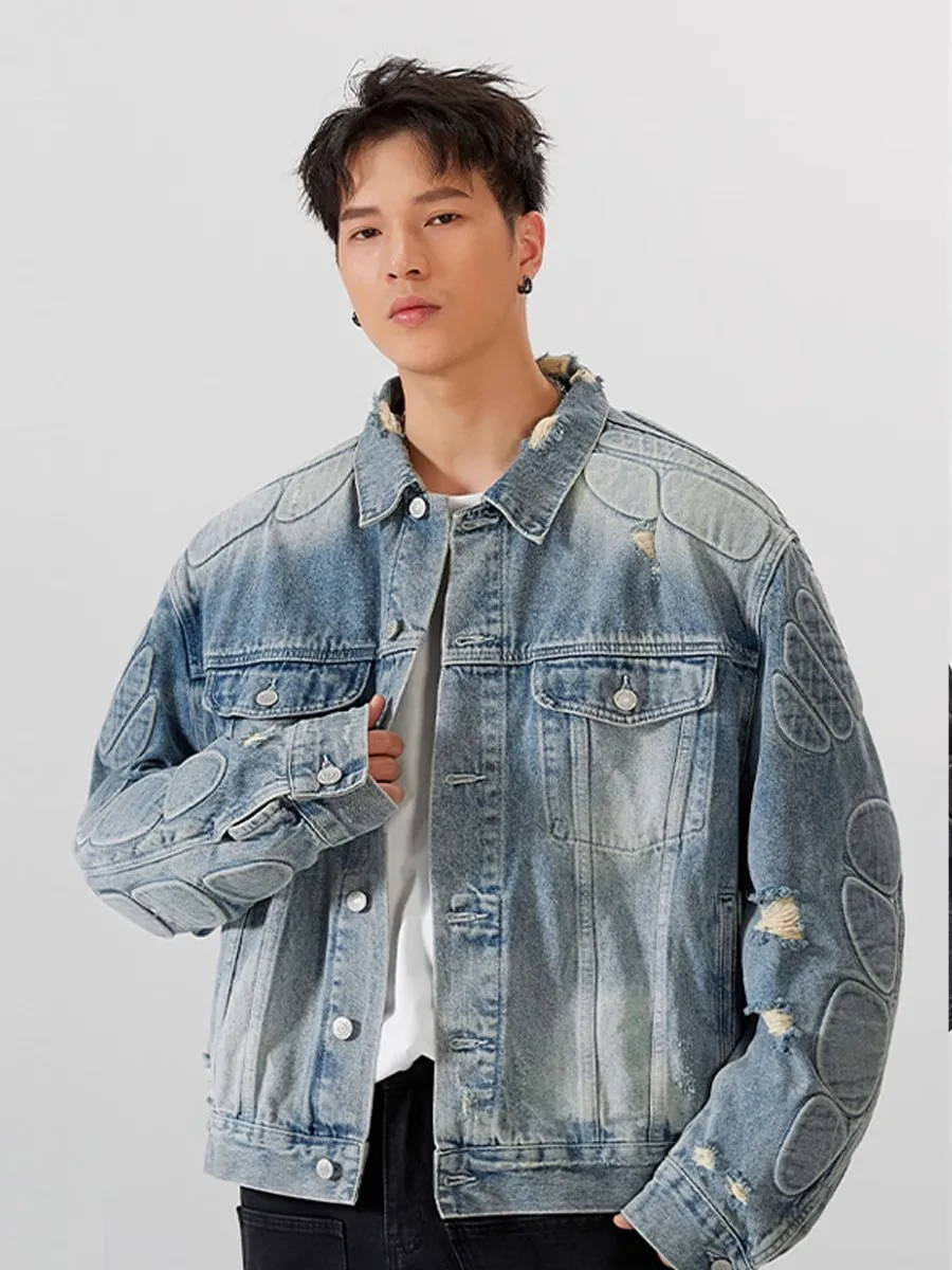 ReddaChic Heavy Industry Ripped Y2k Denim Jacket Men Vintatge Wash Blue Black 3D Padded Long Sleeves Bomber Coat Y2k Streetwear