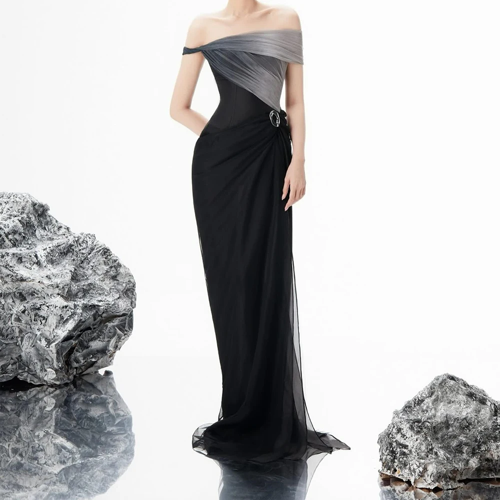 

Women's Straight Evening Dresses Floor-length Off The Shoulder Sleeveless Prom Gown Fashion Plea Side-split Customized Gowns