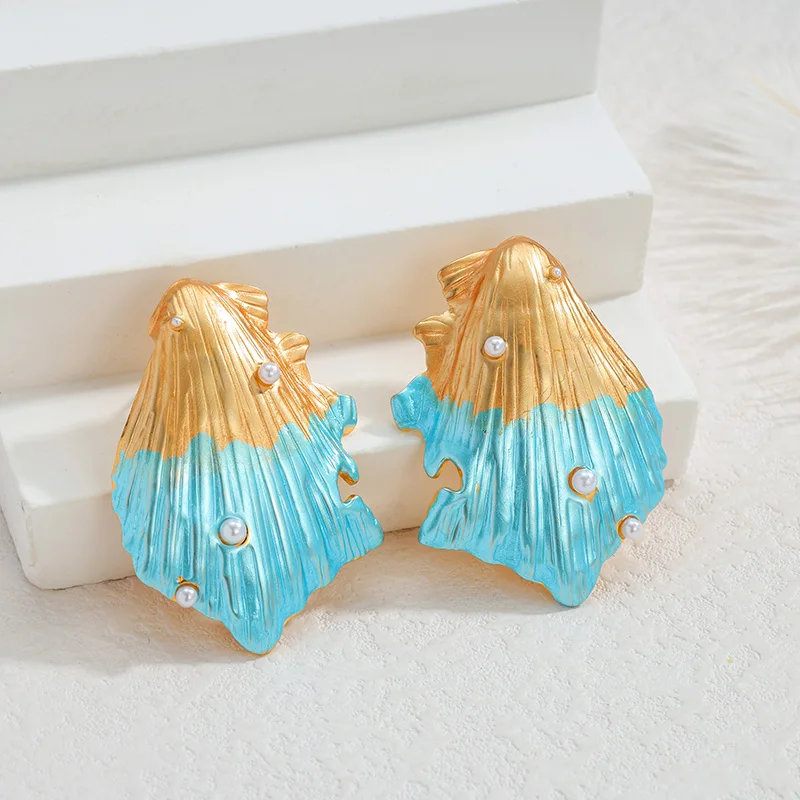 Letdiffery Irregular Shell & Conch Stud Earrings Stainless Steel Colorful Imitation Pearl Studs Summer Beach Jewelry For Women