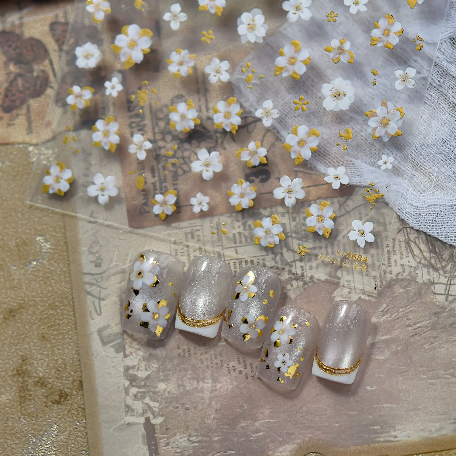 5D Relief Gold Foil White Flower Nail Sticker Self-adhesive Metal Petal Nail 3D Art Decorations Stickers DIY Manicure Accessory