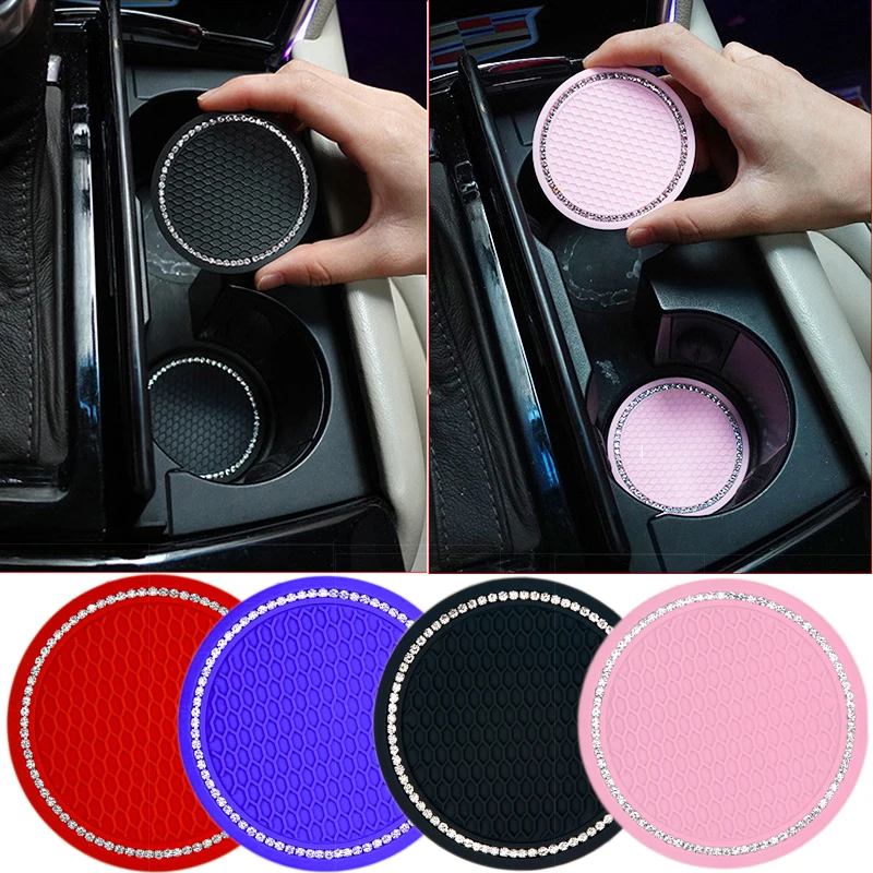 Non-slip Car Cup Mats Rhinestone Drinks Pads Silicone Soft Bling Bling Cup Mat Coasters for Protection Water  Bottle Holder