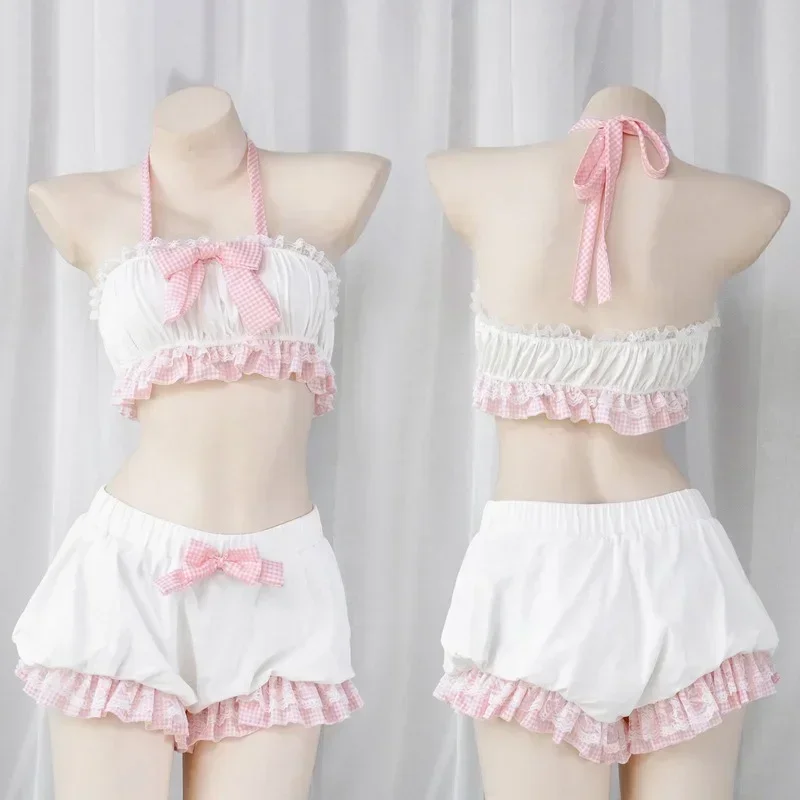 Lolita Cute Girl Ruffles Women Kawaii Maid Outfit Sweet Sexy Sleepwear Servant Cosplay Costumes Bow Lace Tops and Bloomers Set