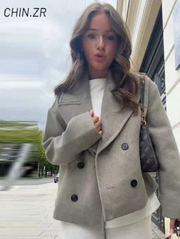 Elegant Women's Short Woolen Coats Loose Lapel Double Breasted Full Sleeve Female Jacket 2026 Autumn Lady Solid Warm Outwear