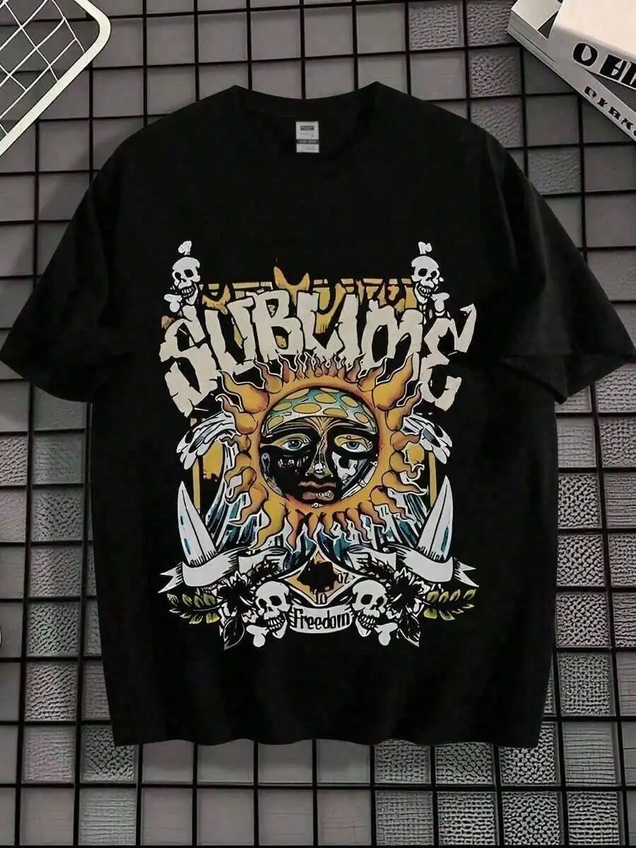 

Мужская хлопковая футболка свободного кроя с принтом в стиле ретро Sun Face Skull, черная