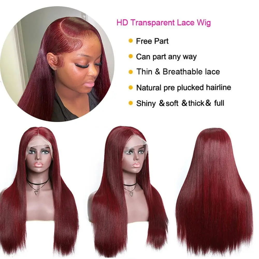 30 Inch 99j Burgundy Lace Front Wigs Human Hair Pre Plucked Straight 13x4 HD Lace Front Wigs 200 Density Baby Hair Around