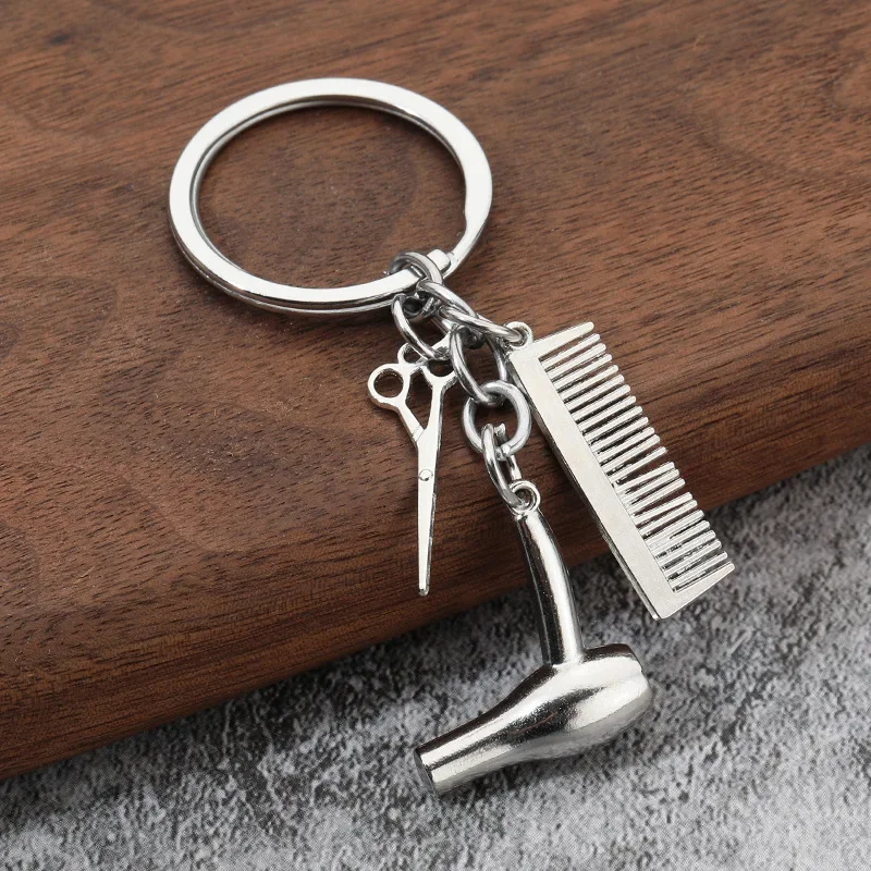 Hairdressing Keychain Creative Fashion Alloy Scissors Hair Dryer Comb Model Car Phone Bag Pendant Ornament Gift Trinket Llaveros