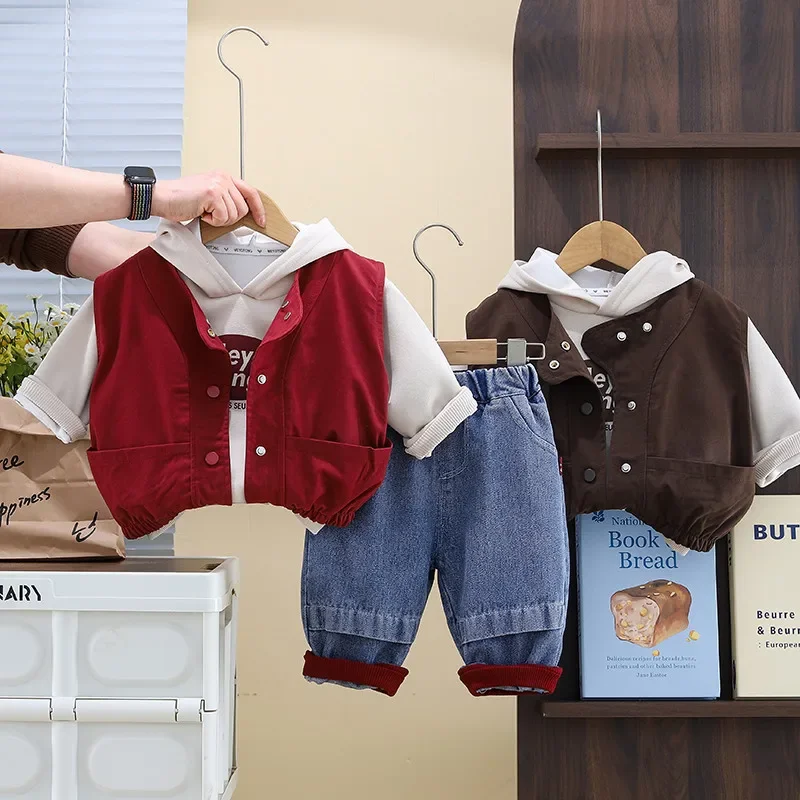 

Kids Boys 3 Piece Clothing Set Vest Hoodie Pants Autumn Spring 2026 New Style Children's Wear Three Piece Outfit for Kids