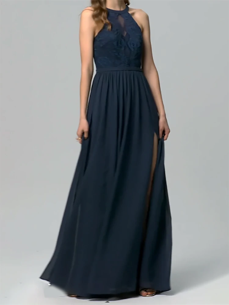 

Illusion A-line Scoop Neck Formal Evening Dresses Floor-Length Lace Chiffon Prom Gowns Customed