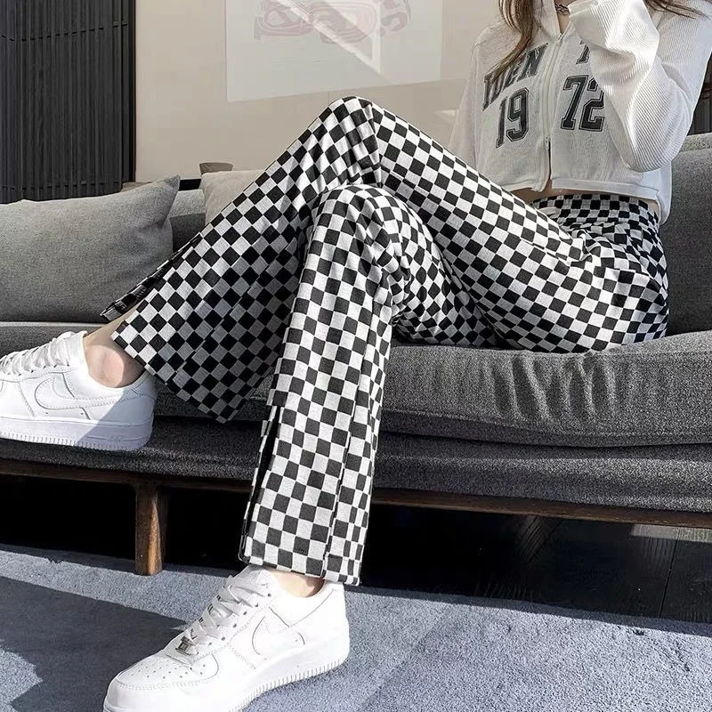 Clothing Casual Womens Pants Loose Trousers Woman Plaid High Waist Trends 2024 Baggy Nylon Elastic With Elegant Classy Aesthetic