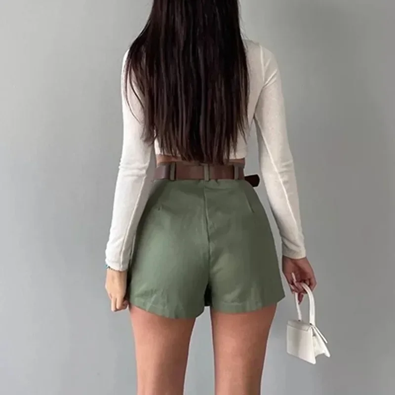 Vintage Solid Shorts Skirts For Women Autumn Casual Women's High Waist Pleated Mini Skirts Female Street Slim Shorts With Belt