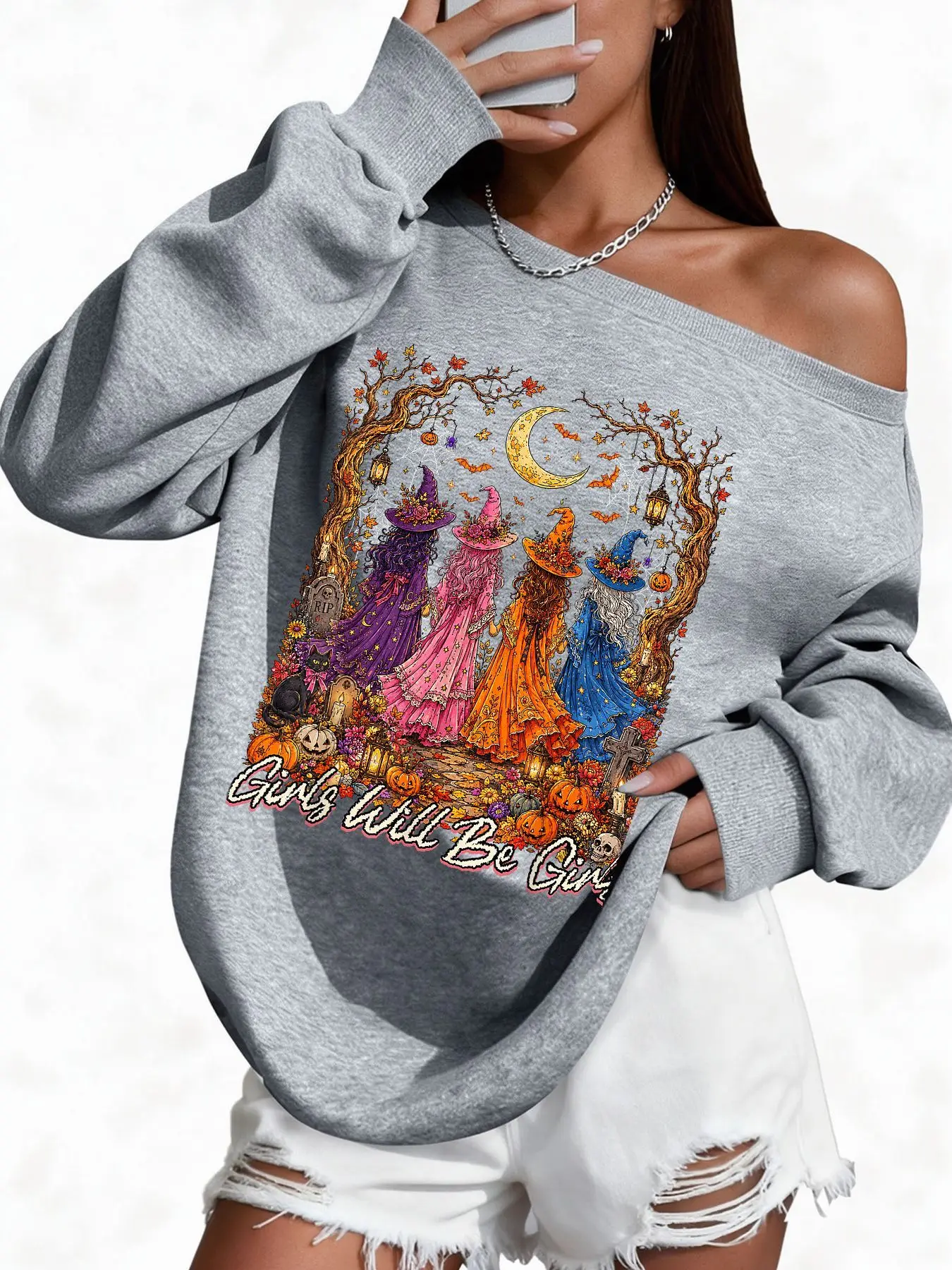 Plus Size 50% Cotton Halloween Witches Print Graphic High Quality Women'S Off-Shoulder Wide Neck Sweatshirt Warm Casual Trend