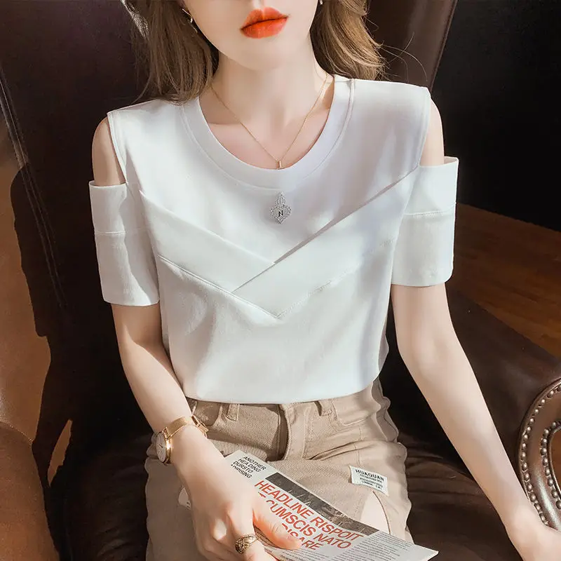 Fashion O-Neck Spliced Diamonds Off Shoulder T-Shirts Women Clothing 2024 Summer Loose Korean Solid Color Tops Casual Tee Shirt